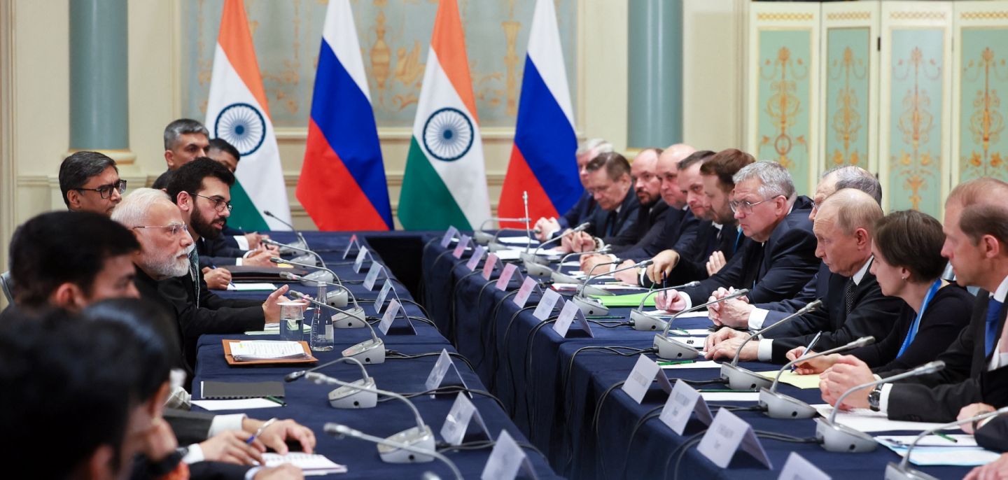 Russian President Vladimir Putin and Indian Prime Minister Narendra Modi hold a meeting on the sidelines of the Shanghai Cooperation Organisation (SCO) Summit in Tianjin on Sept. 1, 2025.