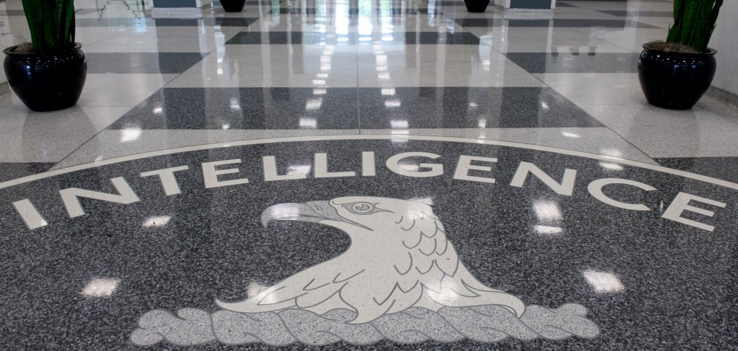 The U.S. Central Intelligence Agency (CIA) logo is displayed in the lobby of the CIA headquarters in Langley, Virginia.