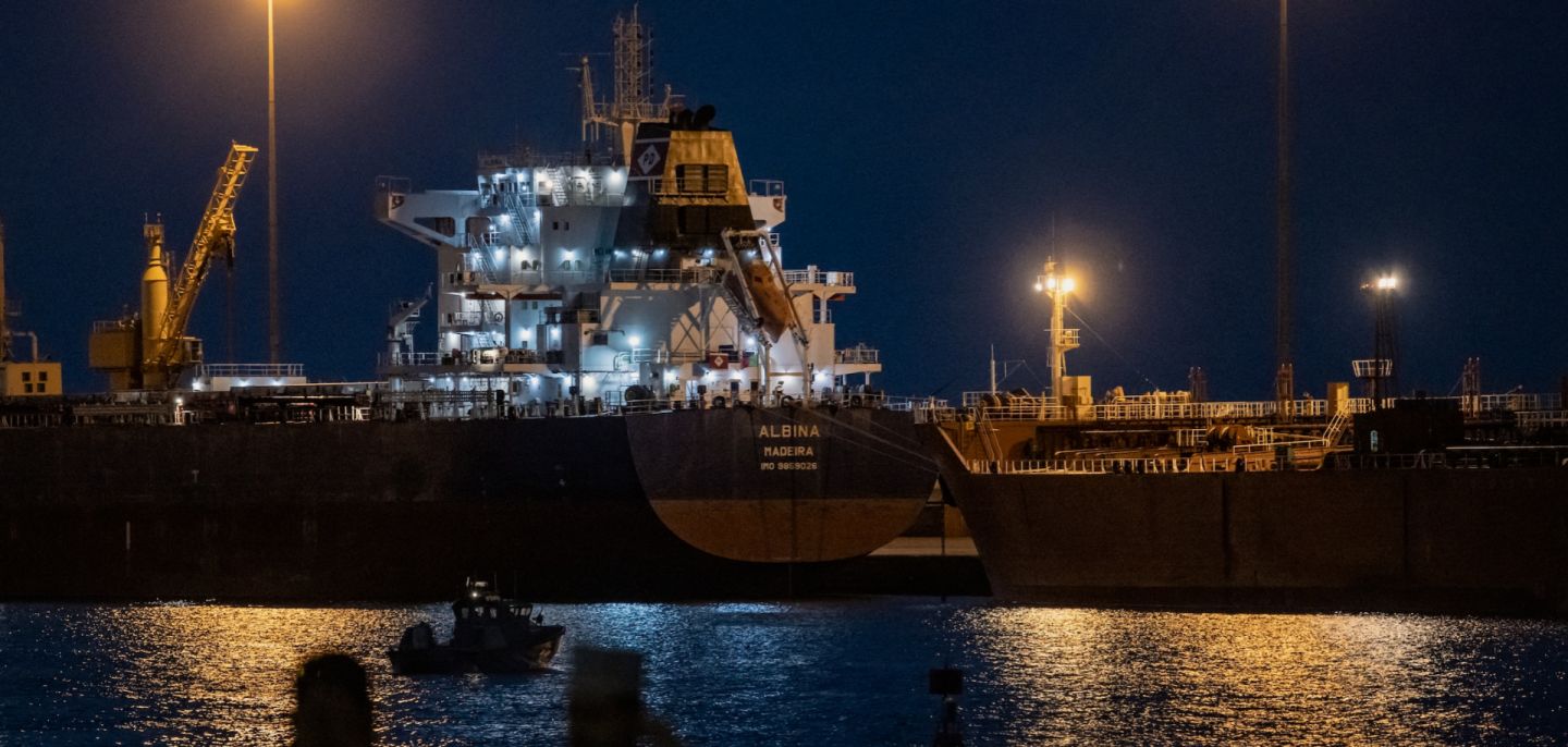 The Albina Bulk carrier sits anchored on March 22, 2026, at Sultan Qaboos Port in Muscat, Oman.