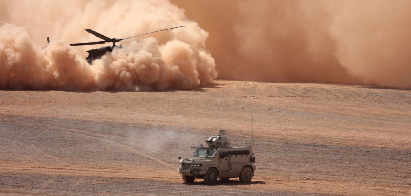 Jordanian Armed Forces, U.S. Army and U.S. Marine Corps forces and other international forces conduct a combined Arms Live Fire Exercise on May 23, 2024 in the desert near Azraq, Jordan. 