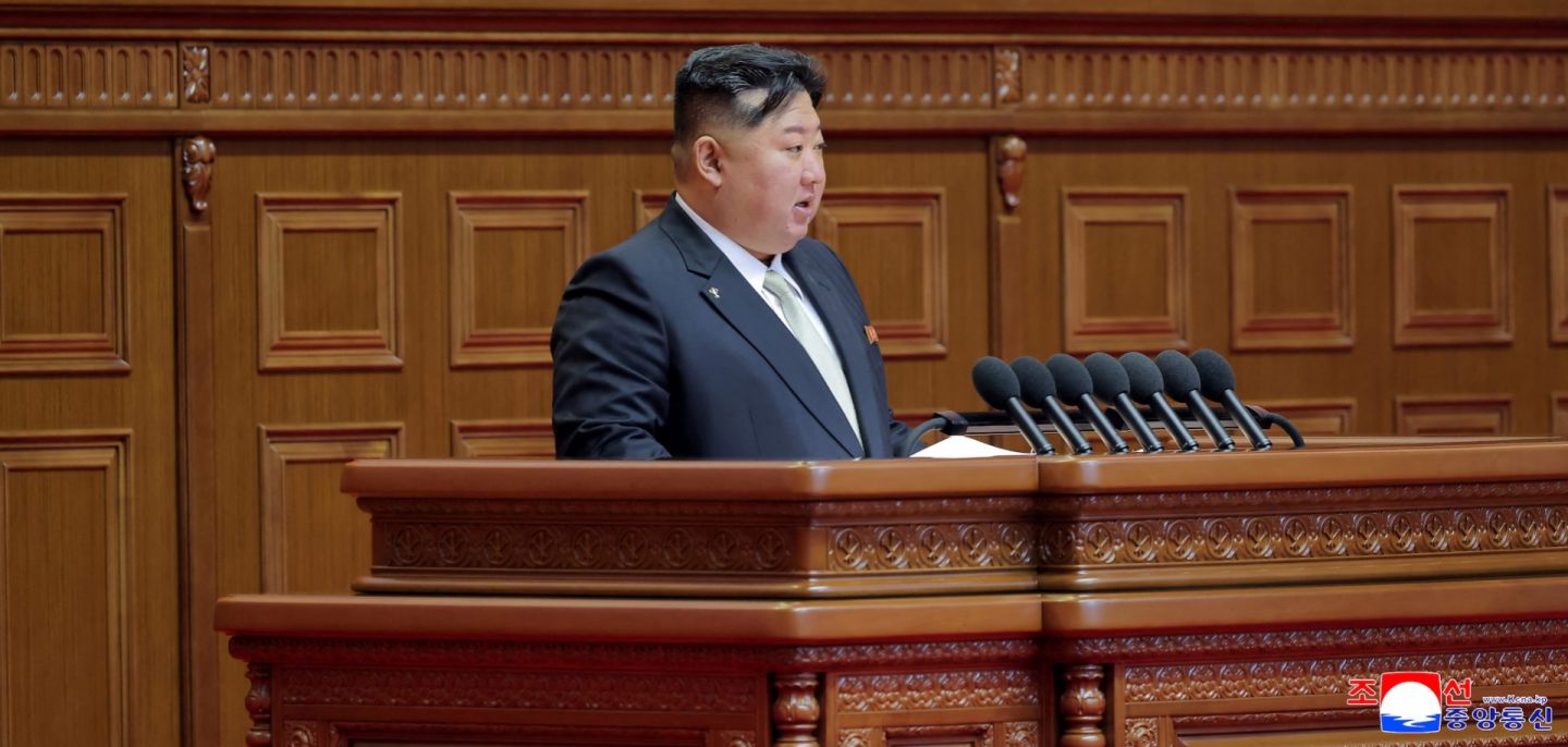 North Korean leader Kim Jong Un speaks during the Ninth Congress of the Workers' Party of Korea in Pyongyang, North Korea, on Feb. 22, 2026. 