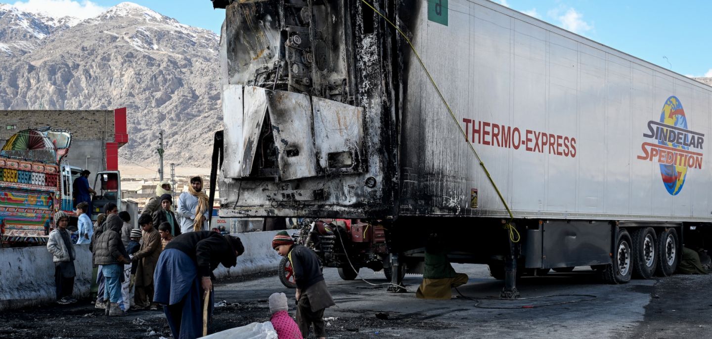 A burned-out vehicle along a road on the outskirts of the Pakistani city of Quetta on Feb. 1, 2026, a day after an attack by Baloch separatists.