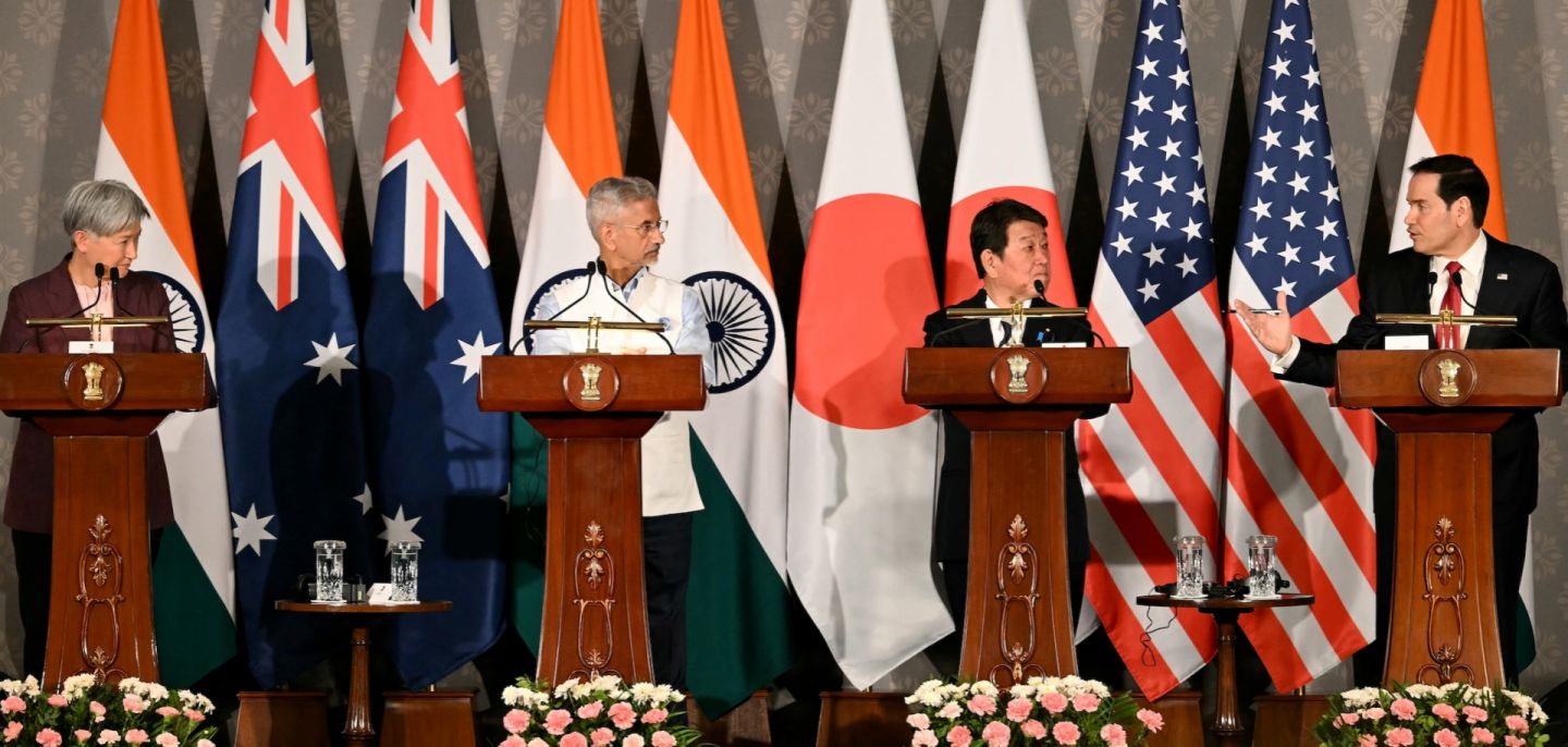(From left to right) Australian Foreign Minister Penny Wong, Indian Foreign Minister Subrahmanyam Jaishankar, Japanese Foreign Minister Toshimitsu Motegi and U.S. Secretary of State Marco Rubio hold a joint press conference after their Quad meeting in New Delhi on May 26, 2026.
