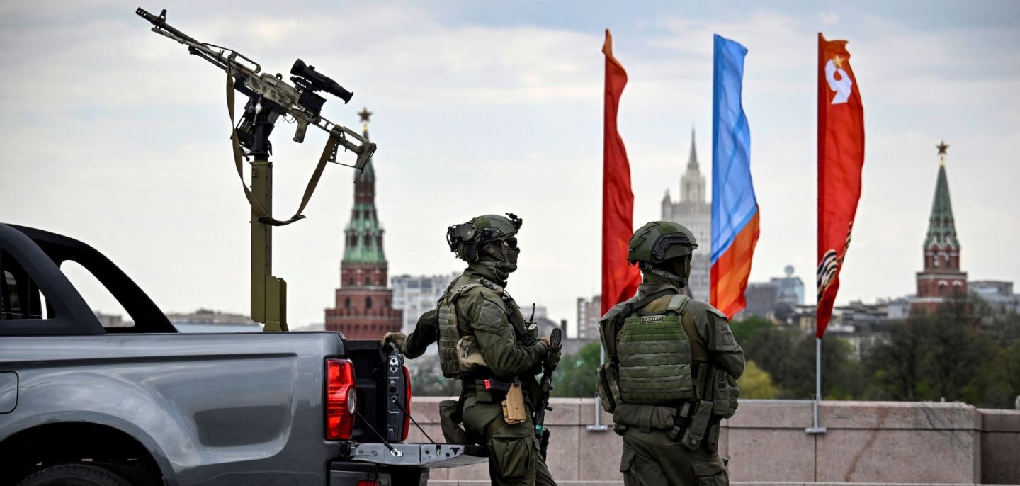 Russian officers patrol central Moscow on May 5, 2026, in front of the Kremlin, a few days ahead of the Victory Day military parade, to be held at Red Square on May 9. 