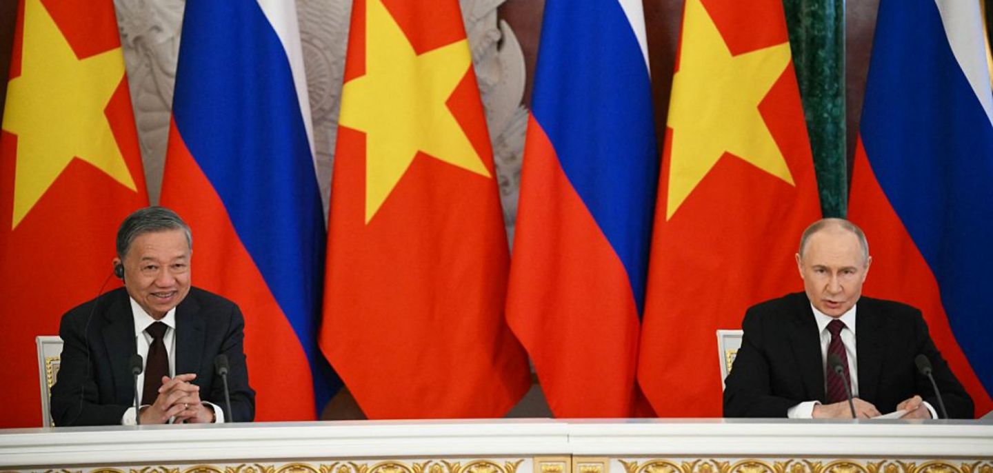 Russian President Vladimir Putin (R) and Vietnamese Communist Party General Secretary To Lam (L) address journalists following their talks in Moscow, Russia, on May 10, 2025, during celebrations of the 80th anniversary of the Soviet Union's victory over Nazi Germany in World War II. 