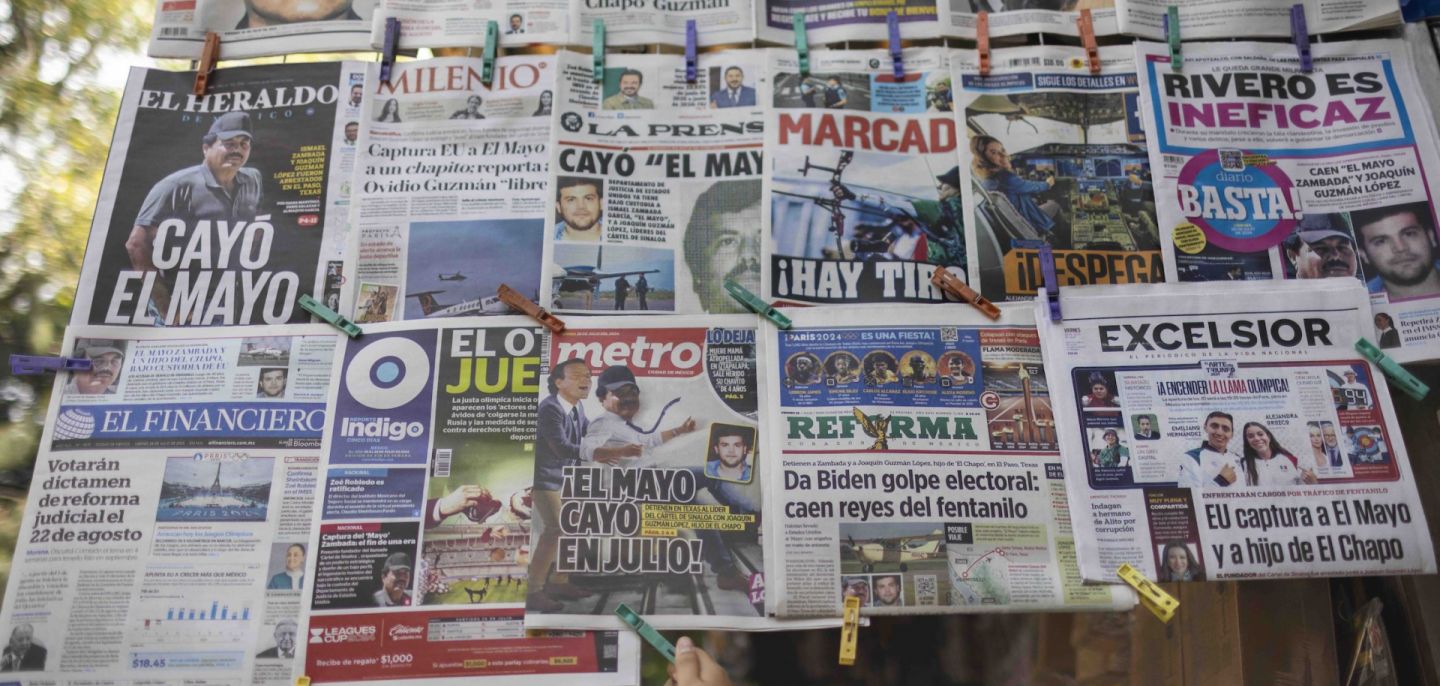 The front pages of Mexican newspapers showing the news of the capture of cartel leader Ismael ''El Mayo'' Zambada are seen in Mexico City, Mexico, on July 26, 2024. 