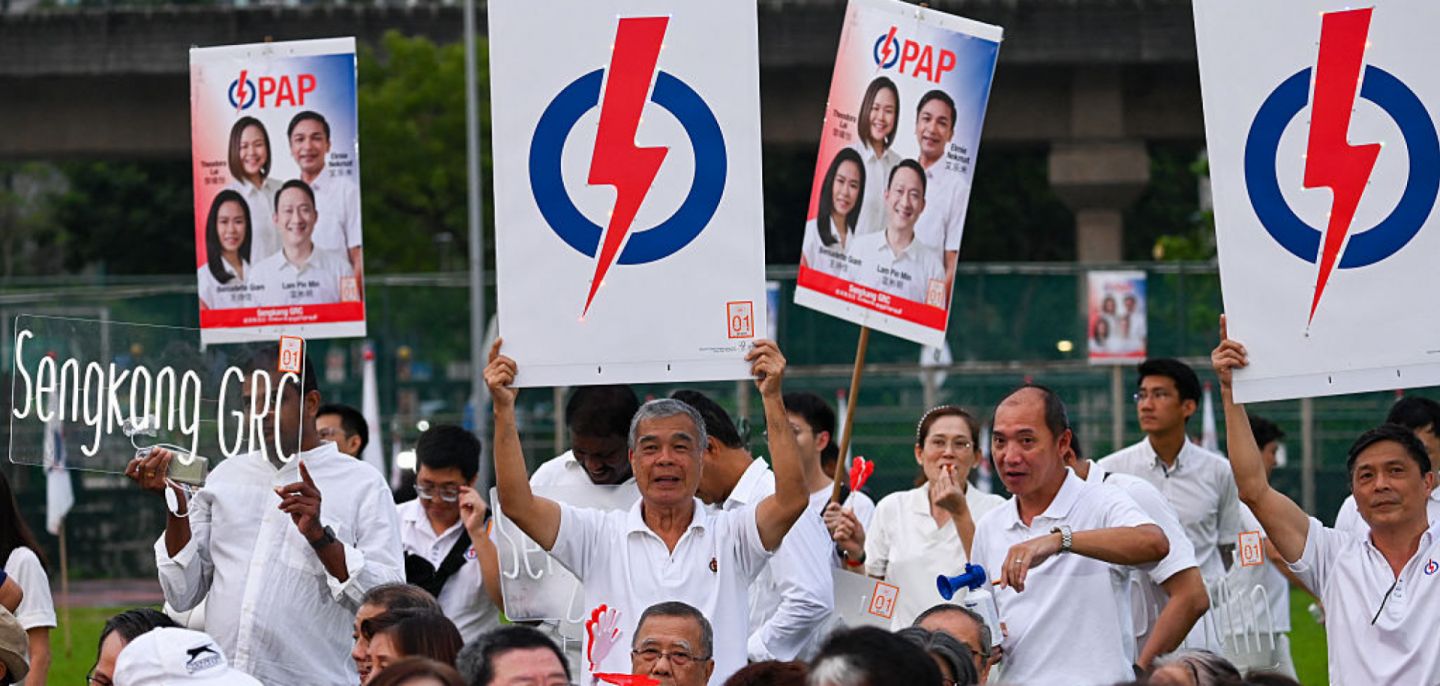 Supporters of Singapore's ruling People's Action Party attend an election rally on May 1, 2025. 