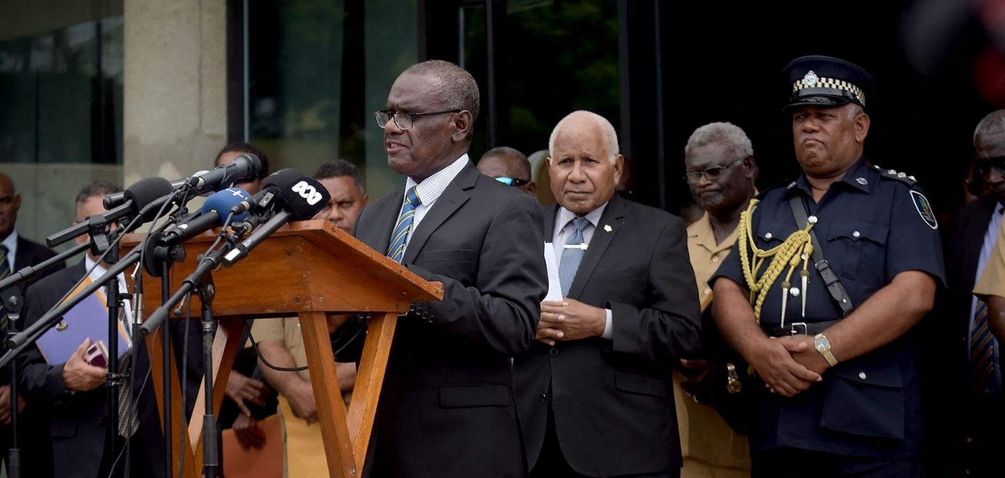 The Solomon Islands' newly elected prime minister Jeremiah Manele speaks during a press conference in Honiara on May 2, 2024.