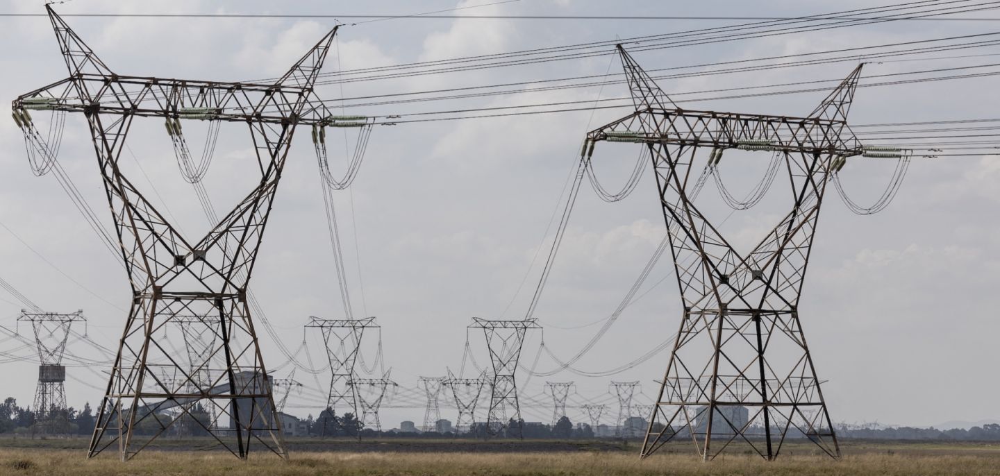 A general view of power lines near the Lethabo power station between Vereeniging and Sasolburg, South Africa, on April 17, 2024. A general view of power lines near the Lethabo power station between Vereeniging and Sasolburg, South Africa, on April 17, 2024.