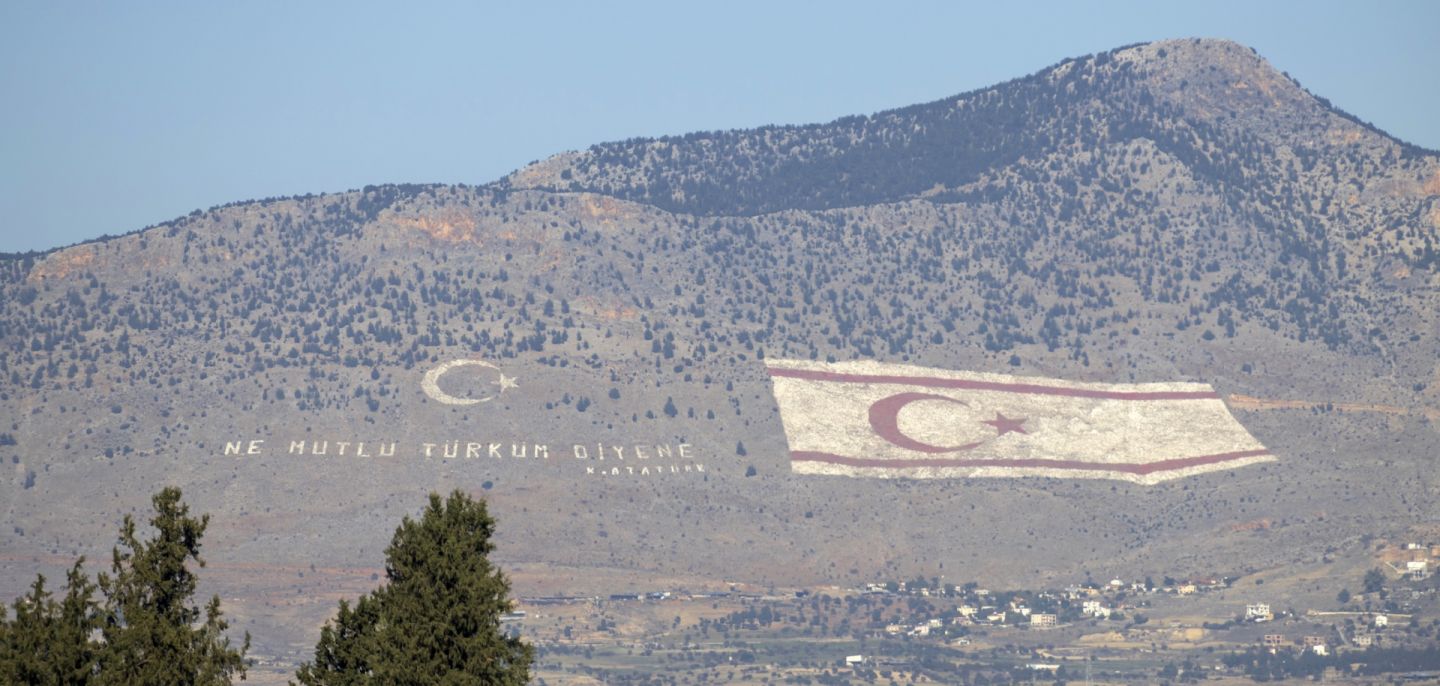 A massive flag of the self-proclaimed Turkish Republic of North Cyprus is seen on Dec. 28, 2023, in Nicosia, Cyprus. A massive flag of the self-proclaimed Turkish Republic of North Cyprus is seen on Dec. 28, 2023, in Nicosia, Cyprus.