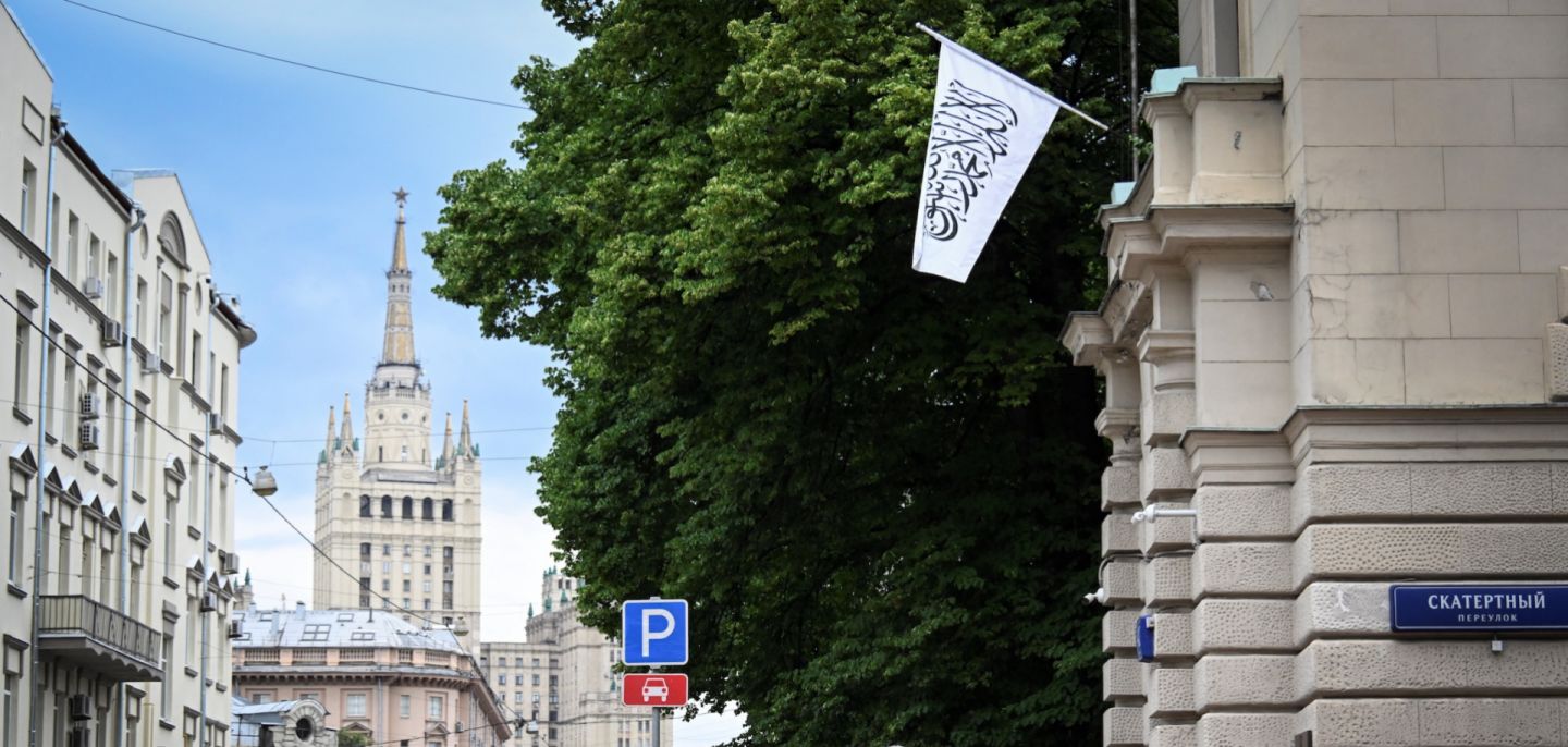 The flag of Afghanistan sits on the Afghan embassy in Moscow on July 4, 2025. 