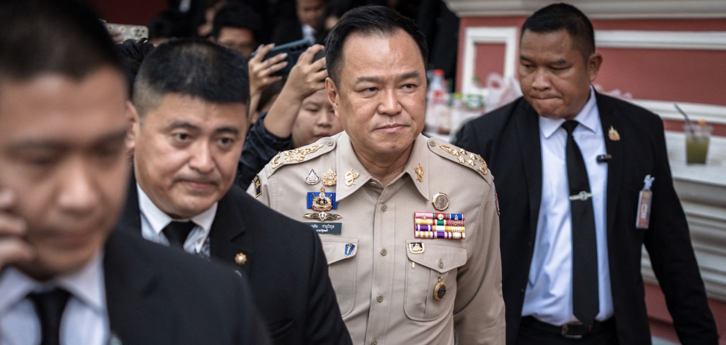 Thailand's Prime Minister Anutin Charnvirakul (C) after chairing a National Security Council on Nov. 11 in Bangkok.