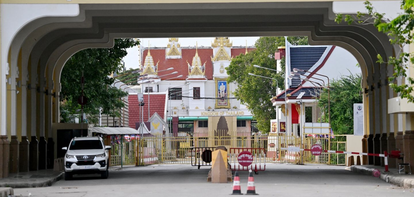 A general view shows the closed border checkpoint between Cambodia and Thailand in Poipet, Cambodia, on Dec. 12, 2025, amid clashes in the area.