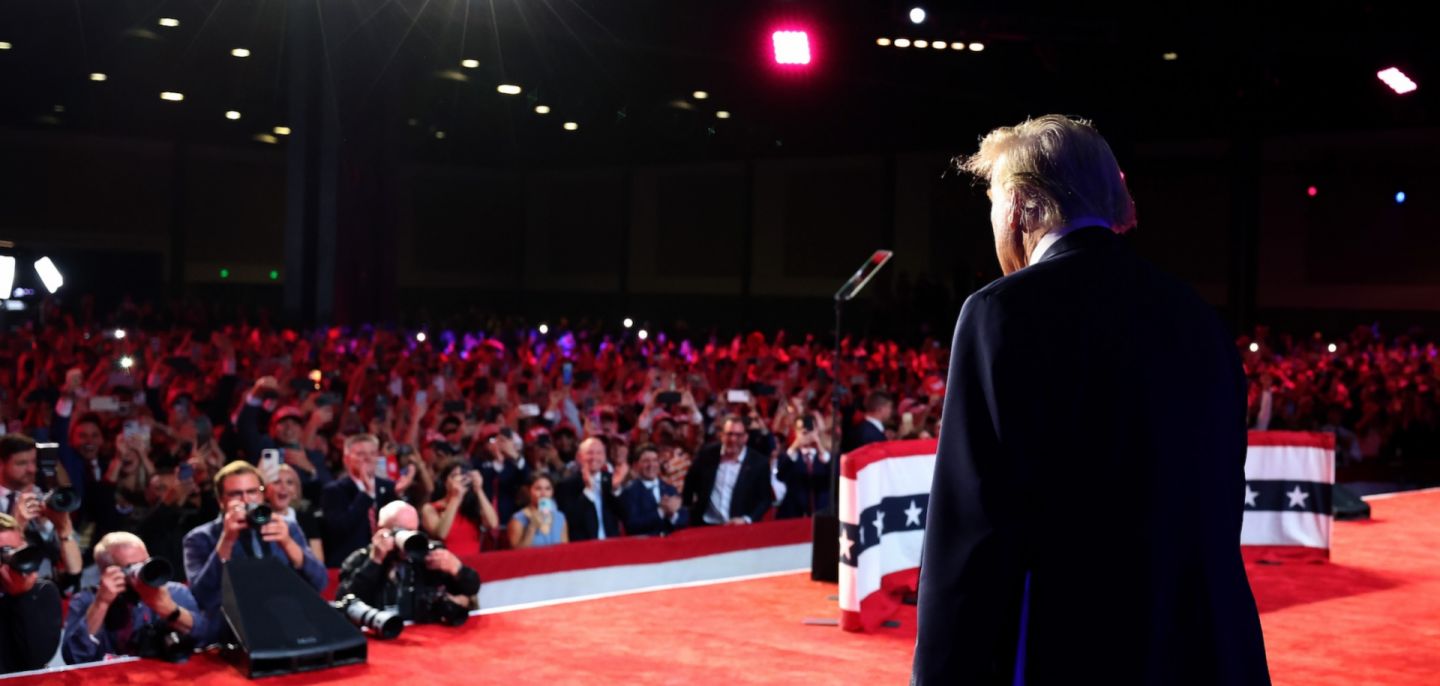 Former U.S. President Donald Trump arrives to speak during an election event in the early hours of Nov. 6, 2024.