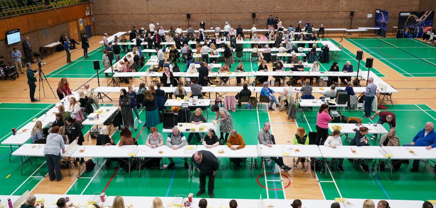 Ballots are counted during local elections in Thornaby, England, on May 3, 2024. 