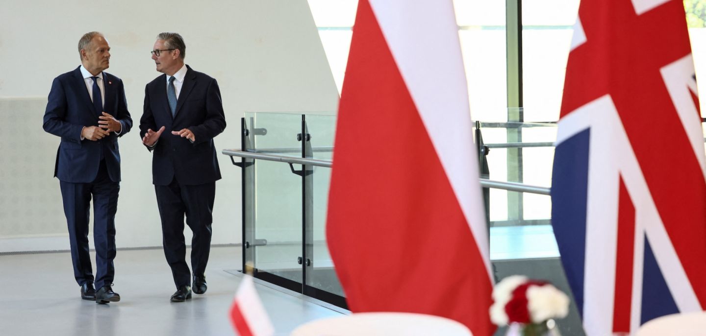 Britain's Prime Minister Keir Starmer and Poland's Prime Minister Donald Tusk attend a signing ceremony of a UK-Poland defence and security treaty at the Battle of Britain Bunker on May 27 in London, England.