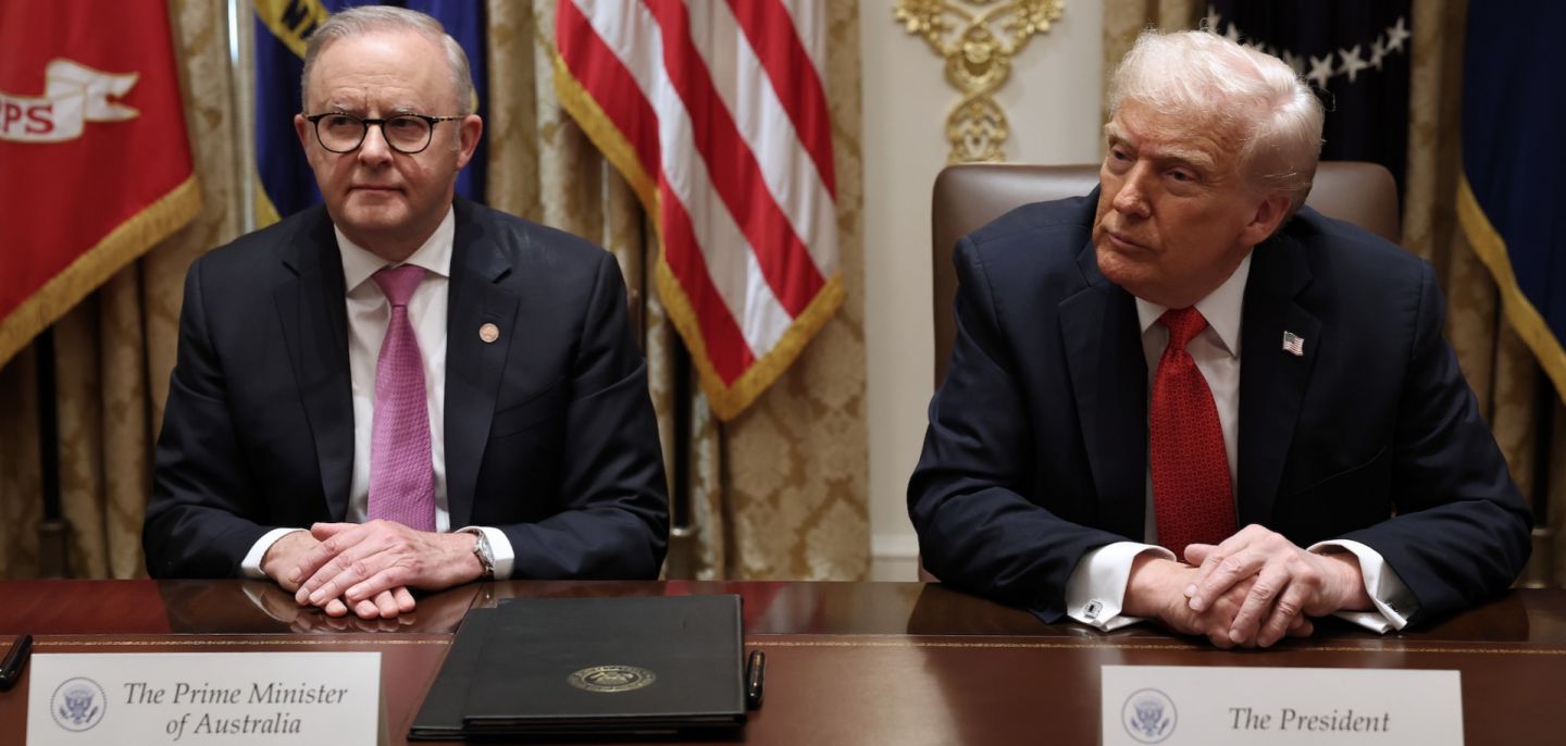 Australian Prime Minister Anthony Albanese (left) and U.S. President Donald Trump speak to reporters during a bilateral meeting in the Cabinet Room of the White House on Oct. 20, 2025, in Washington, D.C. 