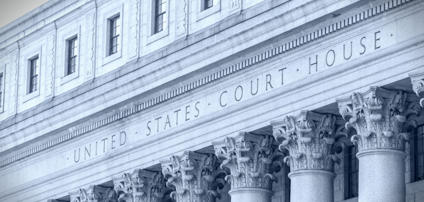 A U.S. courthouse facade with columns in lower Manhattan, New York.