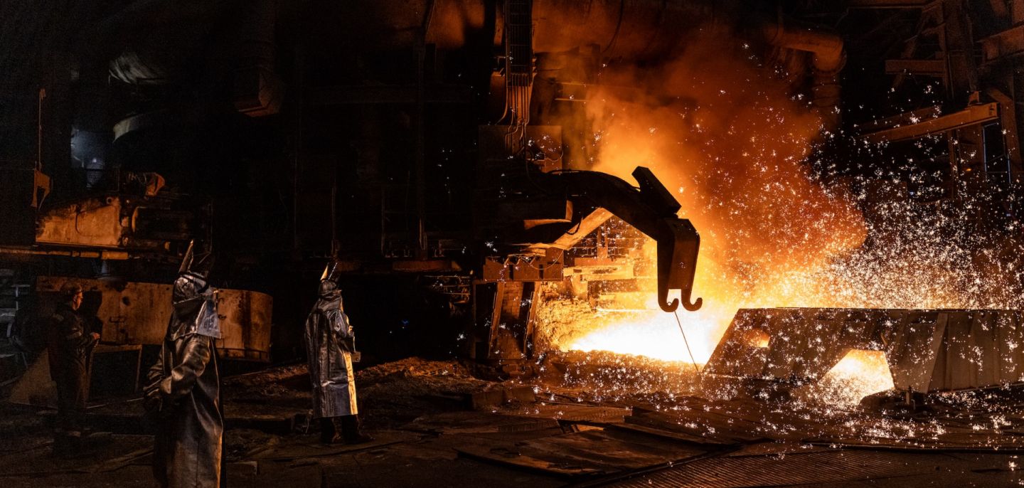Technicians work at the main blast furnace at the Zaporizhstal Iron and Steel Works on Feb. 12, 2024 in Zaporizhzhia, Ukraine.