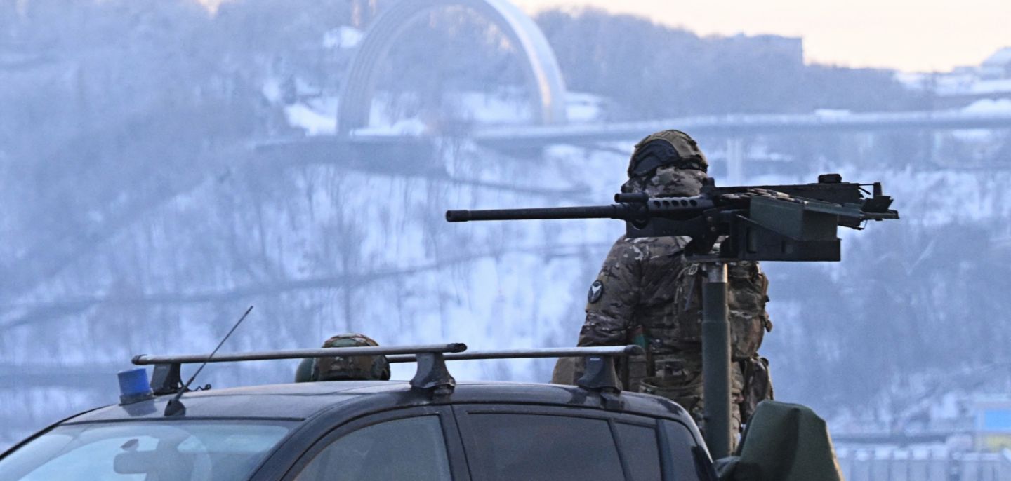 A Ukrainian serviceman stands next to a truck equipped with a machine gun during an air raid alert in Kyiv on Jan. 24, 2026, amid Russia’s ongoing invasion. A Ukrainian serviceman stands next to a truck equipped with a machine gun during an air raid alert in Kyiv on Jan. 24, 2026, amid Russia’s ongoing invasion.