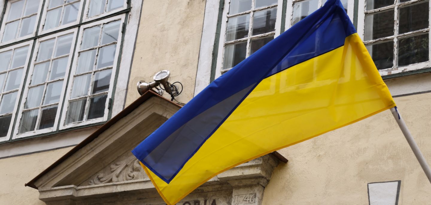 A Ukrainian flag flies in Riga, Latvia, on May 18, 2026.