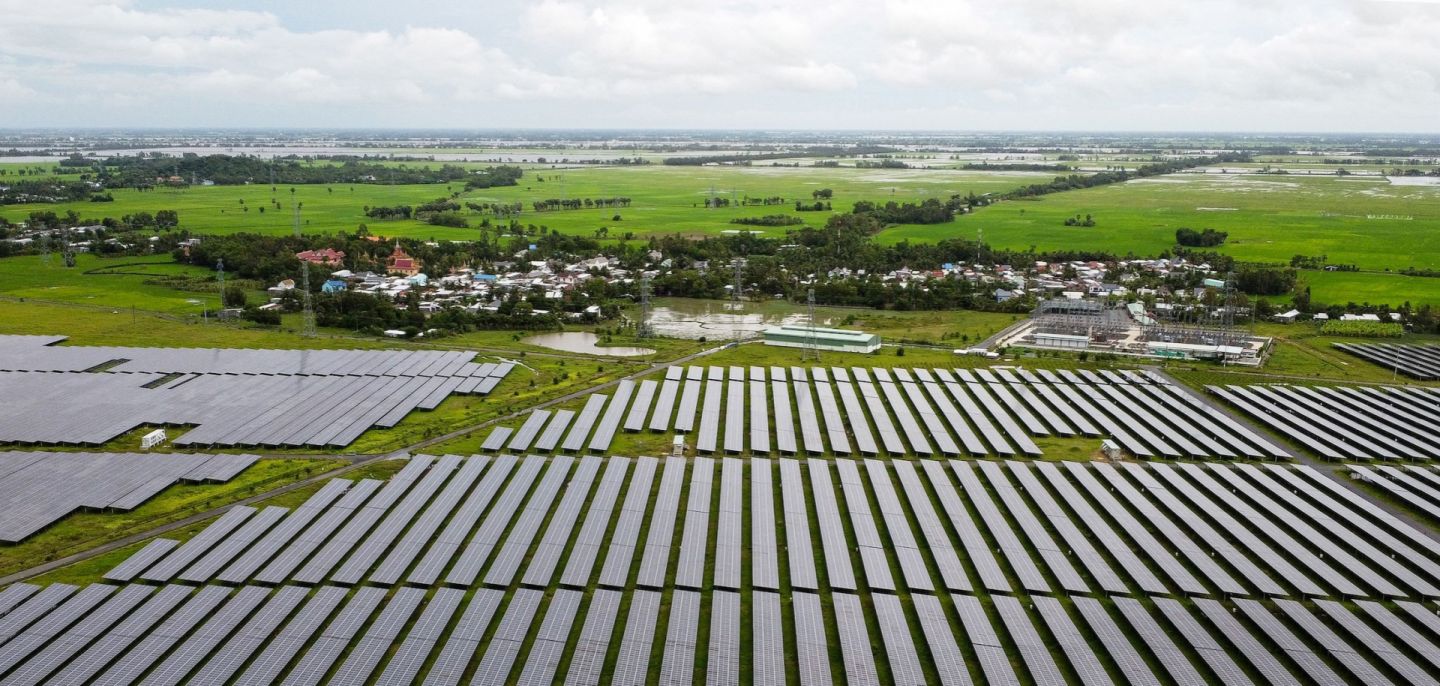 An aerial photo taken on Sept. 25, 2022, shows solar panels at the Sao Mai solar energy plant in Vietnam’s An Giang province. 