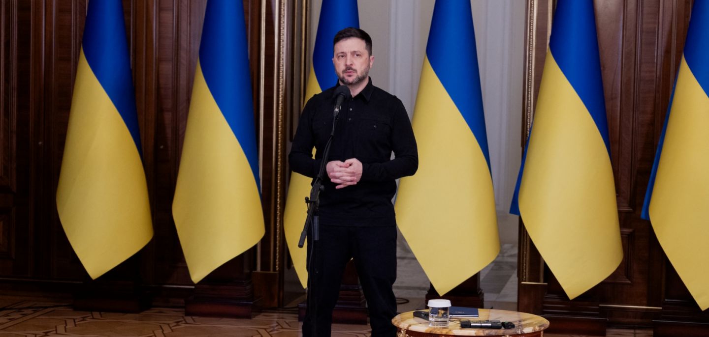 Ukrainian President Volodymyr Zelensky speaks during a meeting with European national security advisors in Kyiv on Jan. 3, 2026. 