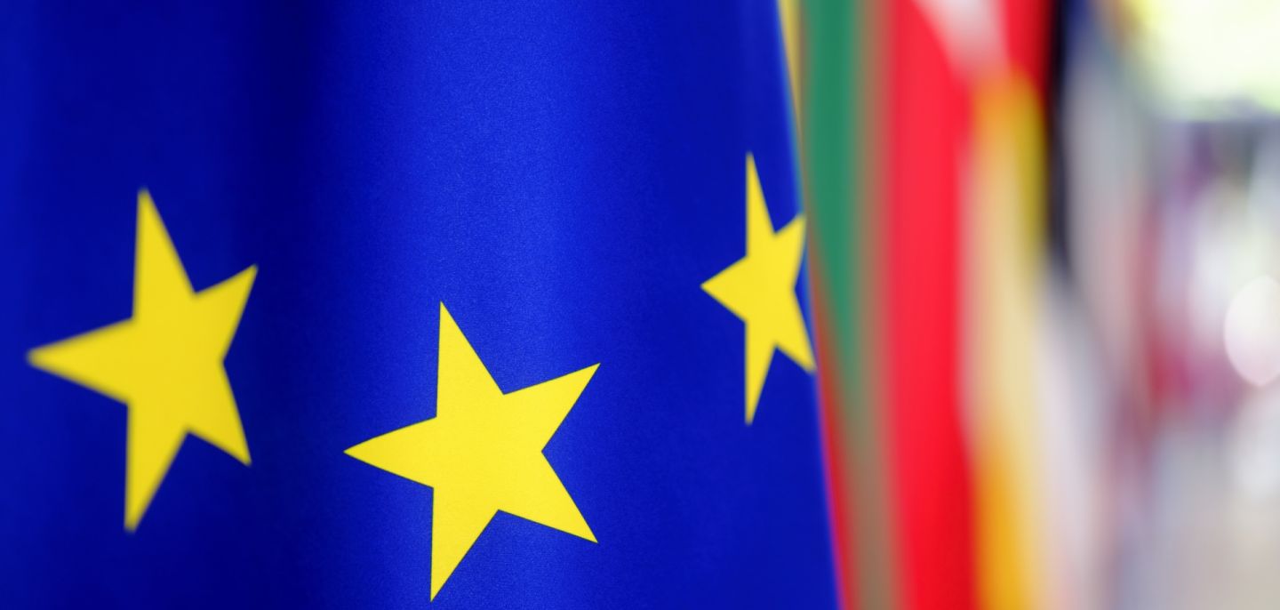 EU flags are displayed in the EU Council headquarters on July 9, 2026, in Brussels, Belgium.