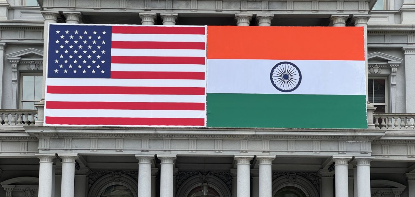 The U.S. and Indian flags adorn the Eisenhower Executive Office Building of the White House in Washington, D.C., on June 20, 2023.