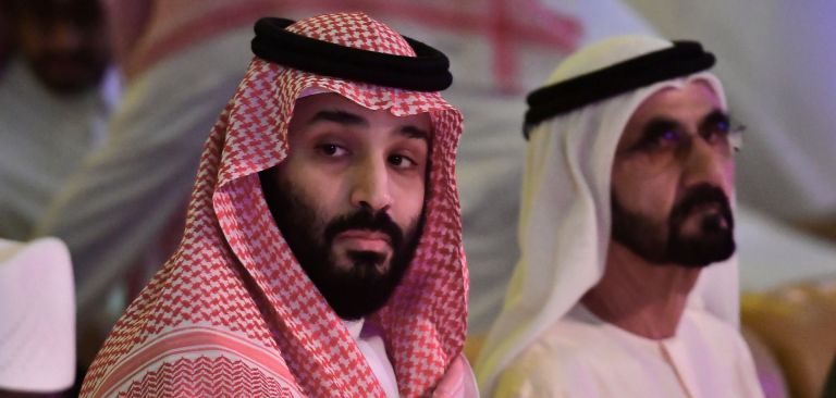 Saudi Crown Prince Mohammed bin Salman (left) sits next to UAE Vice President and Prime Minister Sheikh Mohammed bin Rashid Al Maktoum (right) during an investment summit in the Saudi capital of Riyadh on Oct. 24, 2018. Saudi Crown Prince Mohammed bin Salman (left) sits next to UAE Vice President and Prime Minister Sheikh Mohammed bin Rashid Al Maktoum (right) during an investment summit in the Saudi capital of Riyadh on Oct. 24, 2018.