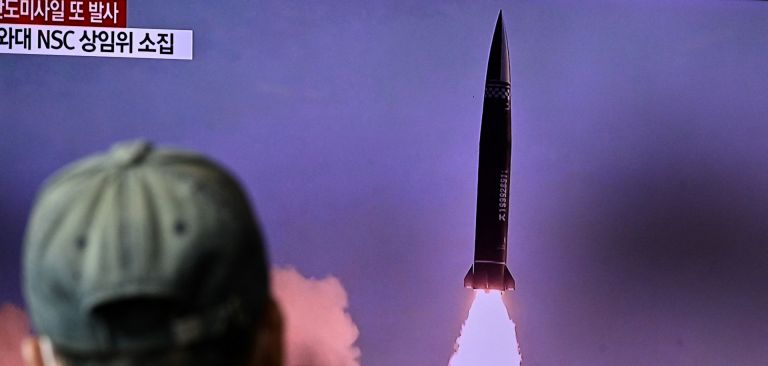 A man watches a television showing file footage of a North Korean missile test on Oct. 19, 2021, in Seoul, South Korea. A man watches a television showing file footage of a North Korean missile test on Oct. 19, 2021, in Seoul, South Korea.
