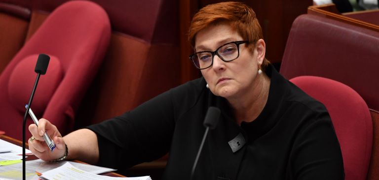 Australian Foreign Minister Marise Payne takes questions during a Senate hearing on Feb. 22, 2021. Australian Foreign Minister Marise Payne takes questions during a Senate hearing on Feb. 22, 2021.