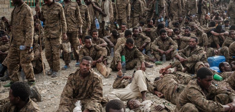 Captive Ethiopian soldiers on July 2, 2021, in Mekele, the capital of Ethiopia's Tigray region. Captive Ethiopian soldiers on July 2, 2021, in Mekele, the capital of Ethiopia's Tigray region.