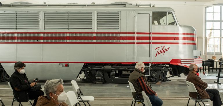 People wait in an observation area at a COVID-19 vaccination site in the Catalonia Railway Museum on April 15, 2021, in Vilanova i la Geltru, Spain. People wait in an observation area at a COVID-19 vaccination site in the Catalonia Railway Museum on April 15, 2021, in Vilanova i la Geltru, Spain.