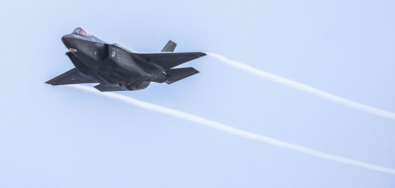 An F-35 military aircraft participates in a NATO training exercise in the Netherlands. An F-35 military aircraft participates in a NATO training exercise in the Netherlands.