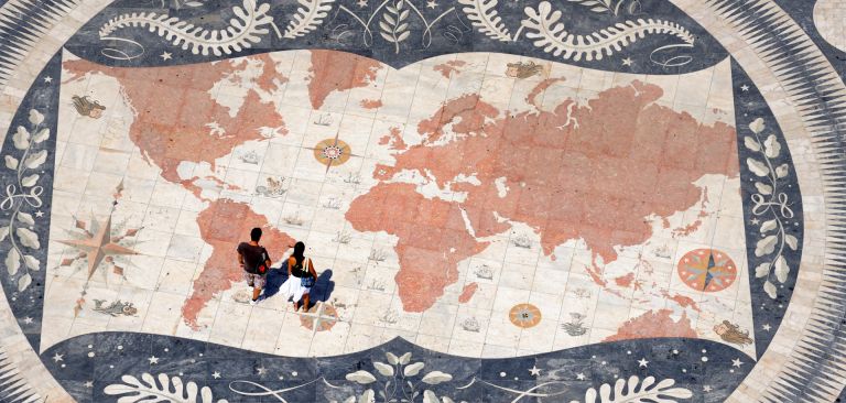 People stand over a world map at the Monument to the Discoveries in the Belem parish of Lisbon, Portugal, on Aug. 21, 2014. People stand over a world map at the Monument to the Discoveries in the Belem parish of Lisbon, Portugal, on Aug. 21, 2014.