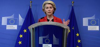 European Commission President Ursula von der Leyen gives a statement on Ukraine at the EU headquarters in Brussels, Belgium, on Jan. 24, 2022. 