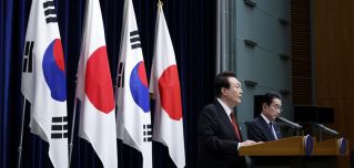 South Korean President Yoon Suk Yeol (left) and Japanese Prime Minister Fumio Kishida (right) attend a joint news conference at the prime minister's official residence on March 16, 2023, in Tokyo, Japan. 