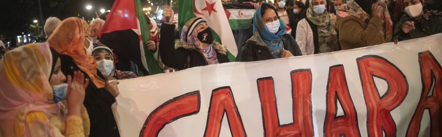 Women carrying Saharan flags take part in a demonstration in San Sebastian, Spain, to demand the end of Morocco's occupation in Western Sahara on Nov. 16, 2020. 