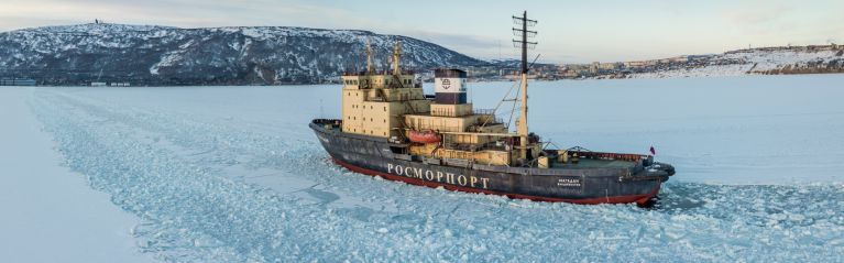 The Magadan icebreaker in the Bay Nagayeva, Sea of Okhotsk, in March 2019.