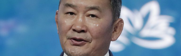 Mongolian President Khaltmaa Battulga speaks on Sept. 5, 2019, during the Eastern Economic Forum in Vladivostok, Russia.