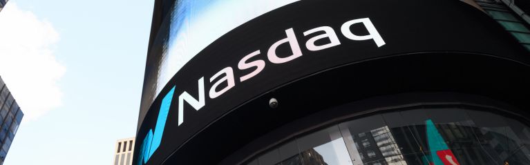 A view of NASDAQ in Times Square on May 7, 2020, in New York City.