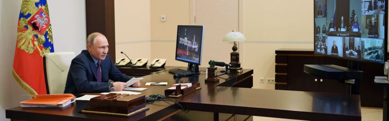 Russian President Vladimir Putin chairs a meeting of the Presidential Council for Civil Society and Human Rights via a video conference call Dec. 10, 2020, at the Novo-Ogaryovo state residence outside Moscow.