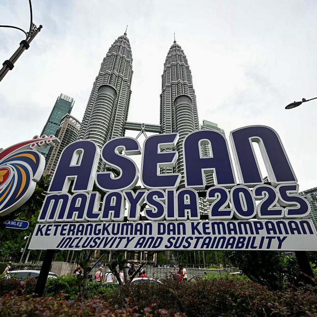 The ASEAN logo May 15 in front of the Petronas Towers in Kuala Lumpur, Malaysia.