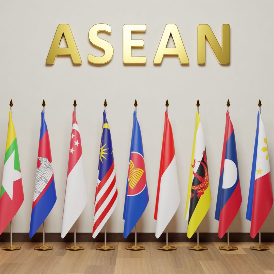 The flags of the countries in the Association of Southeast Asian Nations, or ASEAN, are seen on display.