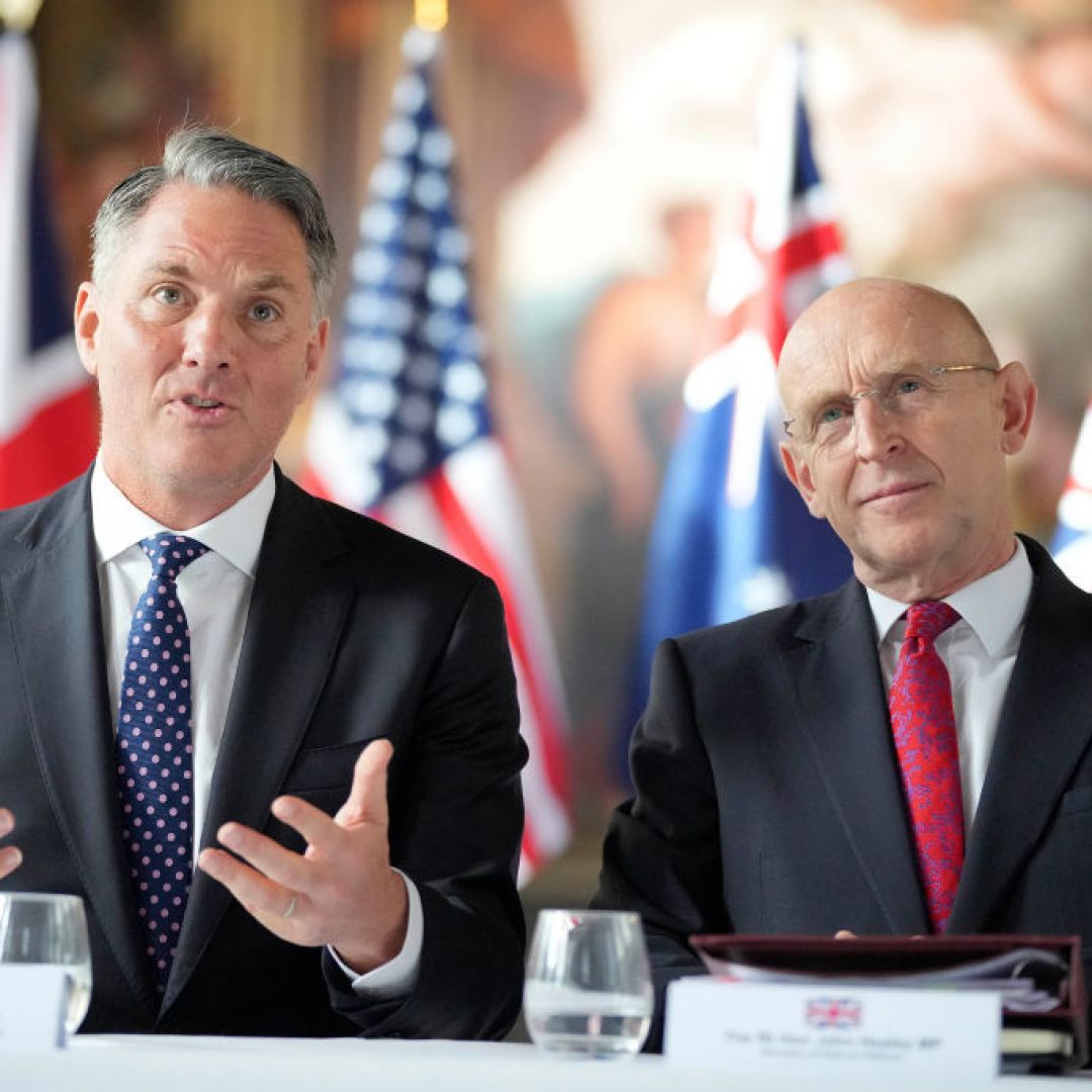 Australian Defense Minister Richard Marles and British Defense Secretary John Healey sit together for the AUKUS Defense Ministers Meeting at Old Royal Naval College on Sept. 26, 2024, in London, England. Australian Defense Minister Richard Marles and British Defense Secretary John Healey sit together for the AUKUS Defense Ministers Meeting at Old Royal Naval College on Sept. 26, 2024, in London, England.
