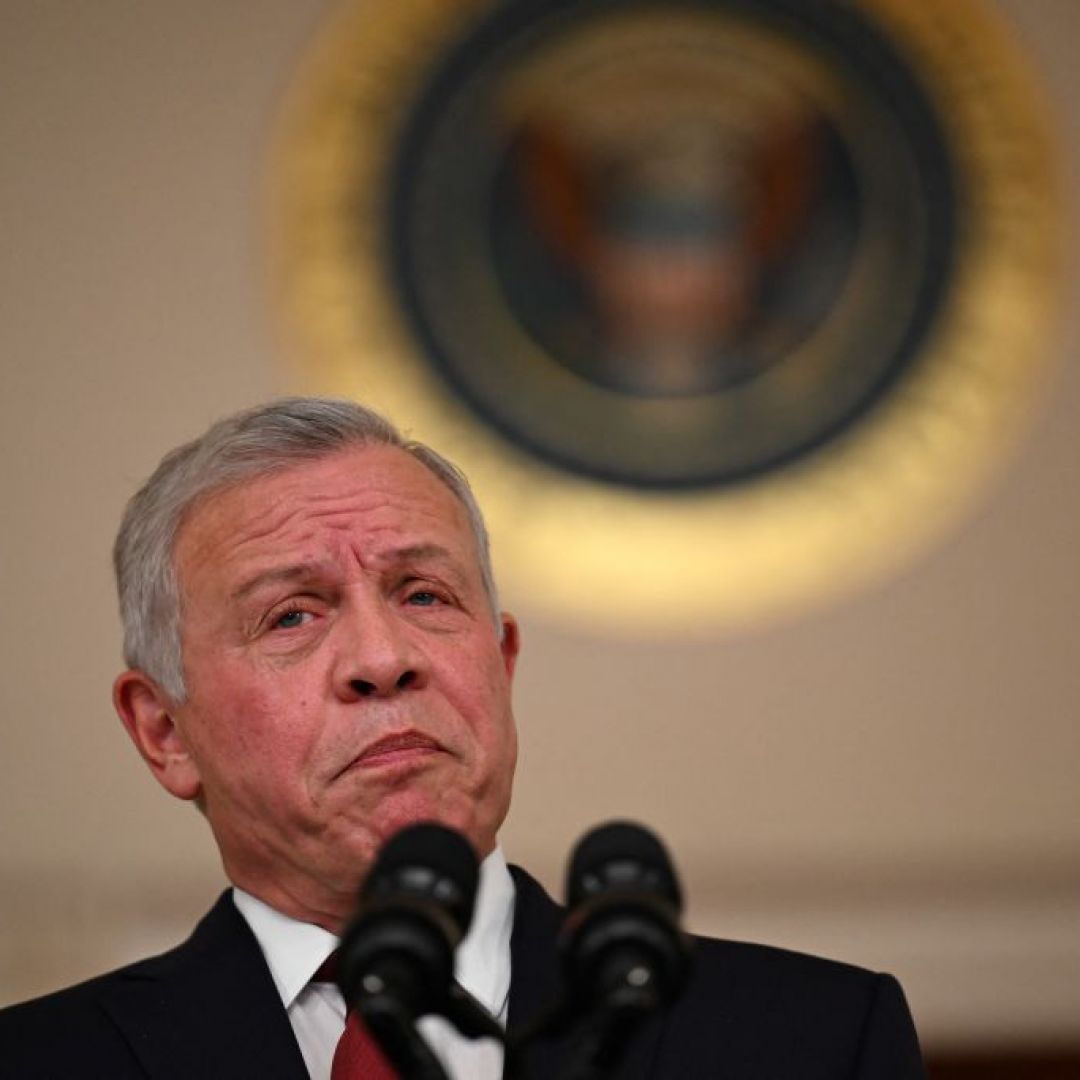 Jordan's King Abdullah II speaks to the press in the Cross Hall of the White House in Washington, D.C., on Feb. 12, 2024.