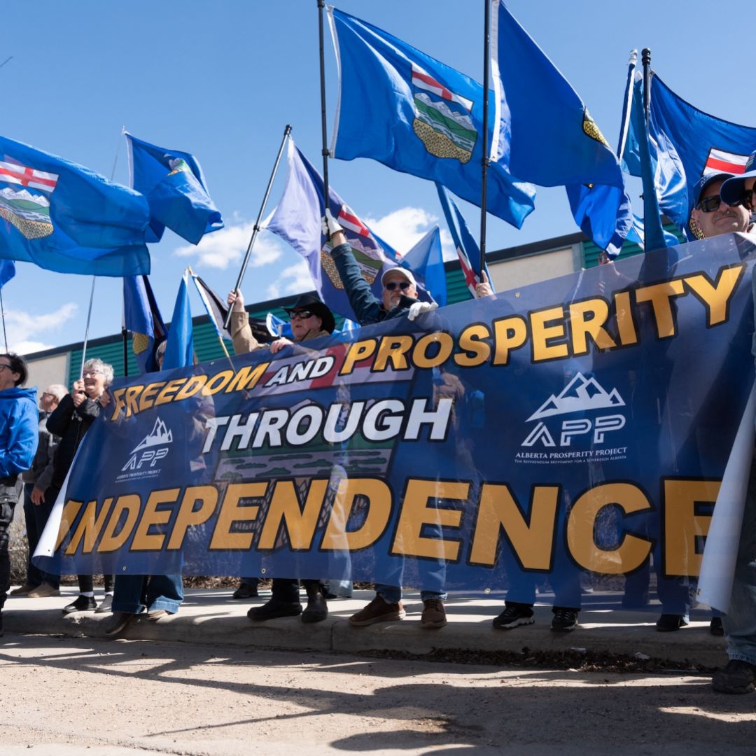 Alberta separatists gather during a rally in front of the Elections Alberta headquarters in Edmonton, Canada, on May 4, 2026.