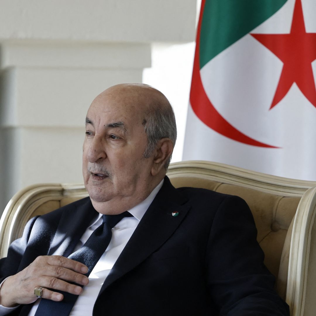 Algeria's President Abdelmadjid Tebboune meets with France's President Emmanuel Macron at the Borgo Egnazia resort on the sideline of the Group of Seven summit in Savelletri, Apulia region, Italy, on June 13, 2024.