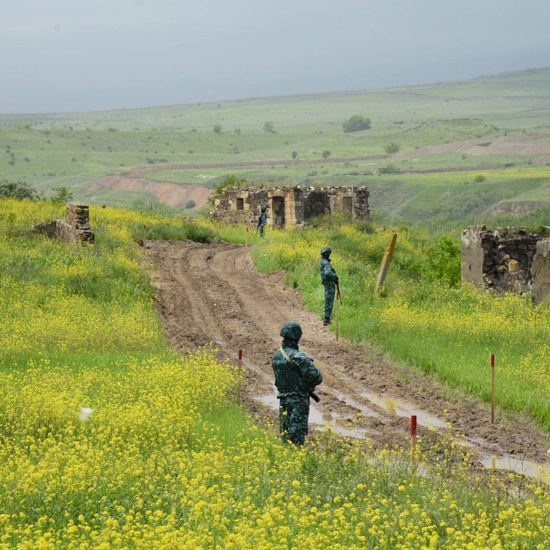 Azerbaijan's border guards are seen in Ghizilhajili, a village thar Armenia recently returned to Azerbaijani control under border demarcation deal between the Caucasus rivals.